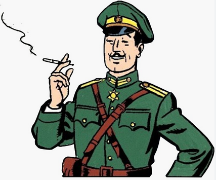 Een tevreden en zelfvoldane Olrik in (fictief) Mongools uniform. (c) E. P. Jabobs.